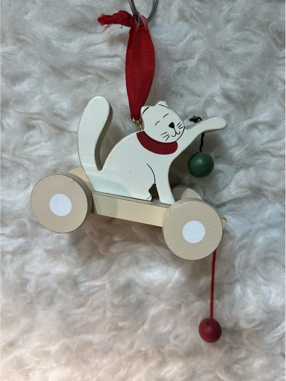 charming white wooden cat pull toy Ornament